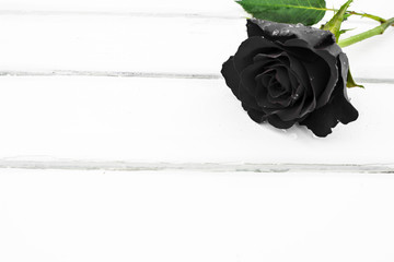 eine schwarze rose auf einem holztisch