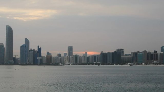 Abu Dhabi skyline at sunrise, United Arab Emirates
