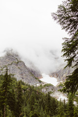 Obraz na płótnie Canvas Mountain trail with snow and forest and fog
