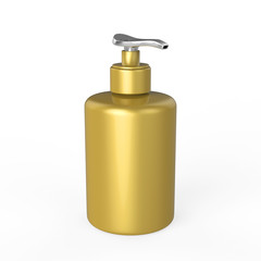 3D illustration gold bottle with liquid soap