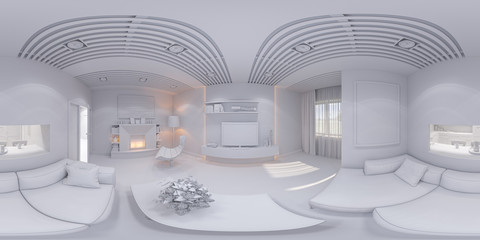 3d illustration of the interior design of the living room. The style of the apartment is modern without textures. Render is executed, 360 degree spherical seamless panorama for virtual reality. 
