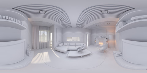 3d illustration of the interior design of the living room. The style of the apartment is modern without textures. Render is executed, 360 degree spherical seamless panorama for virtual reality. 
