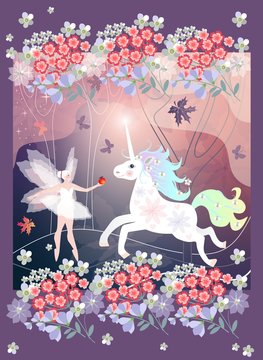 Fantasy forest. Beautiful fairy and white unicorn with glowing horn. Magic trees, flowers and butterflies.
