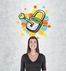 Happy woman and key to success