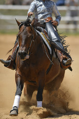 The front view of a rider in cowboy chaps and boots sliding the horse in the sand