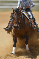 The front view of a rider in cowboy chaps and boots sliding the horse in the sand