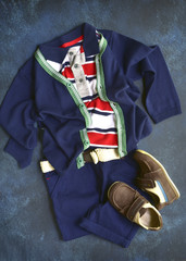 Summer set boys clothes in marine style.Top view.