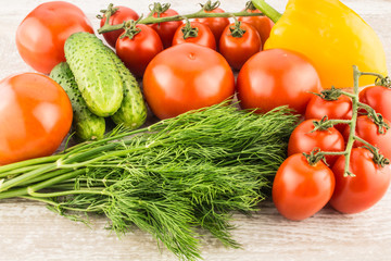 Cucumber, tomato, pepper and fennel on a white wooden background close up.