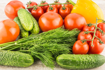 Cucumber, tomato, pepper and fennel on a white wooden background close up.