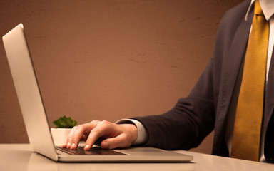 Businessman is suit working on laptop