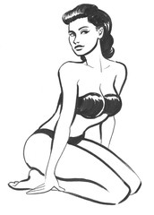 Pretty woman in swimming suit. Retro styled drawing
