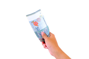 Hand holding Malaysia Ringgit Money. 