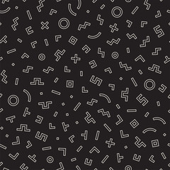 Scattered Geometric Shapes. Inspired by Memphis Style. Abstract Background Design. Vector Seamless Black and White Irregular Pattern.