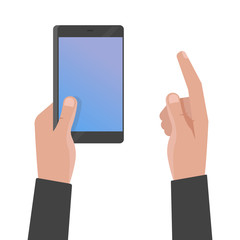 Hand holding phone and touch smartphone screen vector illustration