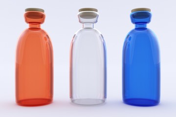 3D render of three bottles of red, white and blue. Isolated on white background