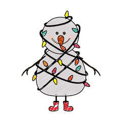 color crayon stripe cartoon of snowman with red boots and tangled in cord lights christmas vector illustration