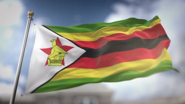 Zimbabwe Flag Waving Slow Motion 3D Rendering Blue Sky Background - Seamless Loop 4K