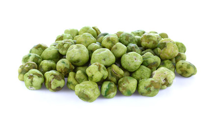 roasted Green beans snacks coated by flour and spicy isolated on white background