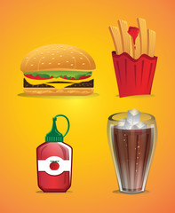 bold fast food icons : hamburger, fries, ketchup, soda cup with ice cubes