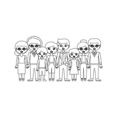 monochrome silhouette with family group with informal clothes and some adults with glasses and a man with curly hair vector illustration