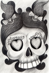 Art child skull.Hand pencil drawing on paper.