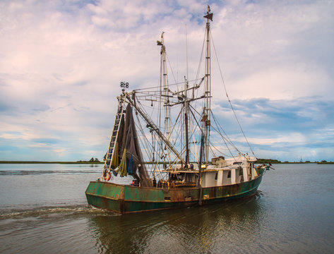 Shrimp trawler fishing boat on Gulf of Mexico waters Florida coast