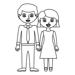 black contour couple woman with short hair in dress and man with tie and taken hands vector illustration