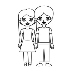 black contour couple girl with skirt and lond hair with boy in casual clothing and taken hands vector illustration