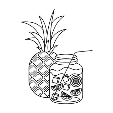 monochrome silhouette of pineapple and citrus drink vector illustration