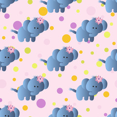 seamless pattern with cartoon cute toy baby elephant and Circles on a light pink background