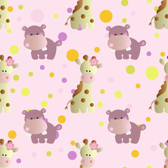 seamless pattern with cartoon cute toy baby behemoth, giraffe and Circles on a light pink
 background