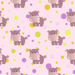 seamless pattern with cartoon cute toy baby behemoth and Circles on a light pink background
