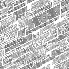 Fototapeta premium Colorful floral seamless pattern from beveled rectangles with mandala in patchwork boho chic style, in portuguese and moroccan motif