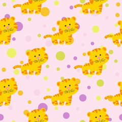 Drawing of a seamless pattern with cute african tiger in cartoon style and multicolored circles on a light pink background