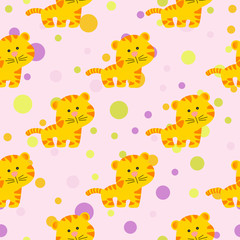 Drawing of a seamless pattern with cute african tiger in cartoon style and multicolored circles on a light pink background