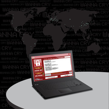 malware attack. ransom malware name is wanna cry,  cyber virus attack the world, vector illustration.