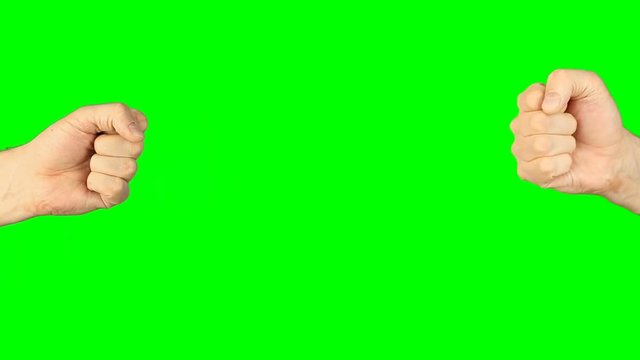 Rock paper scissors hand game. Two hands bottom side view. Green screen chroma key alpha matte. Hand gestures competition. Make choice. Random selection methods. Winner loser tournament. Play game.