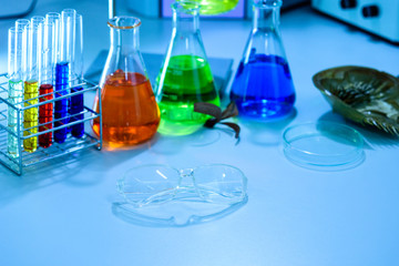 Glasses and scientific experiments in laboratory