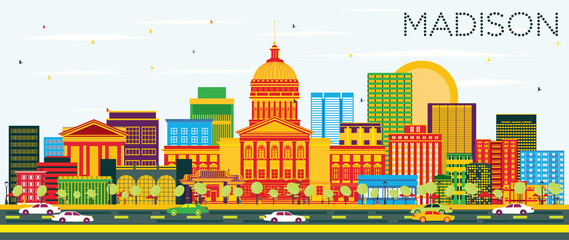 Obraz premium Madison Skyline with Color Buildings and Blue Sky.