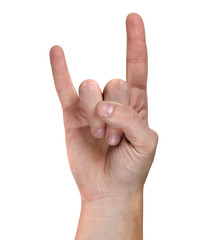 A man's hand giving the Rock and Roll sign