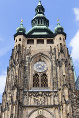 Obraz premium 14th century St. Vitus Cathedral , facade, tower with clock, Prague, Czech Republic.