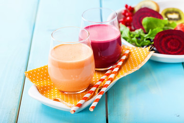 Detox diet - smoothies from beet and carrots. Selective focus. Copy space