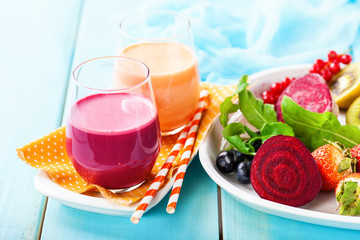 Detox diet - smoothies from beet and carrots. Selective focus. Copy space