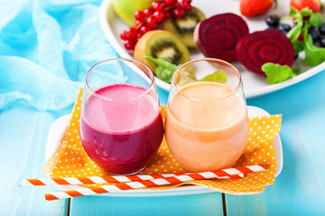 Detox diet - smoothies from beet and carrots. Selective focus. Copy space