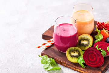 Detox diet - smoothies from beet and carrots. Selective focus. Copy space