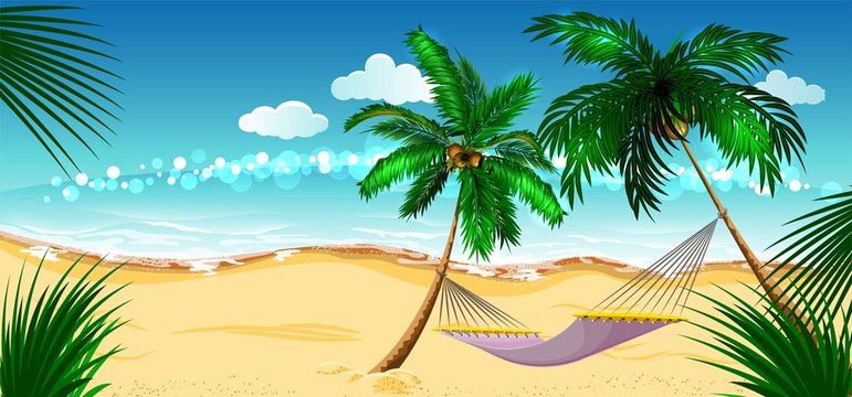 Beach vacation. Hammock between palm trees. Cartoon illustration in vector format