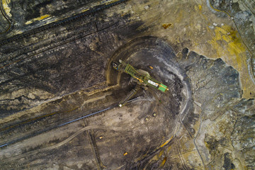 Aerial view of bucket wheel excavator in Turow coal mine, Poland, Europe.
