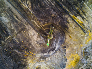 Aerial view of bucket wheel excavator in Turow coal mine, Poland, Europe.