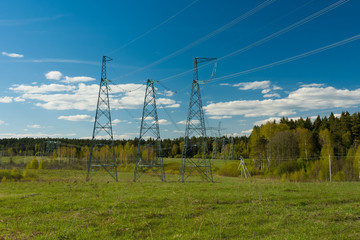 Fototapeta na wymiar Power Lines On Meadow Near Forest Spring.