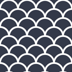 Abstract seamless wave pattern in japan style. Fish scales. White scales on a dark blue background. Vector illustration.
